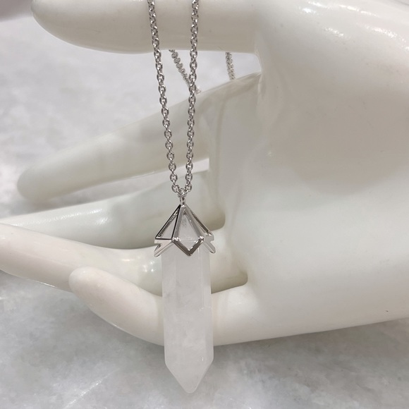 White Crystal Quartz Silvertone Crystal Point Pendant Necklace - Picture 4 of 9